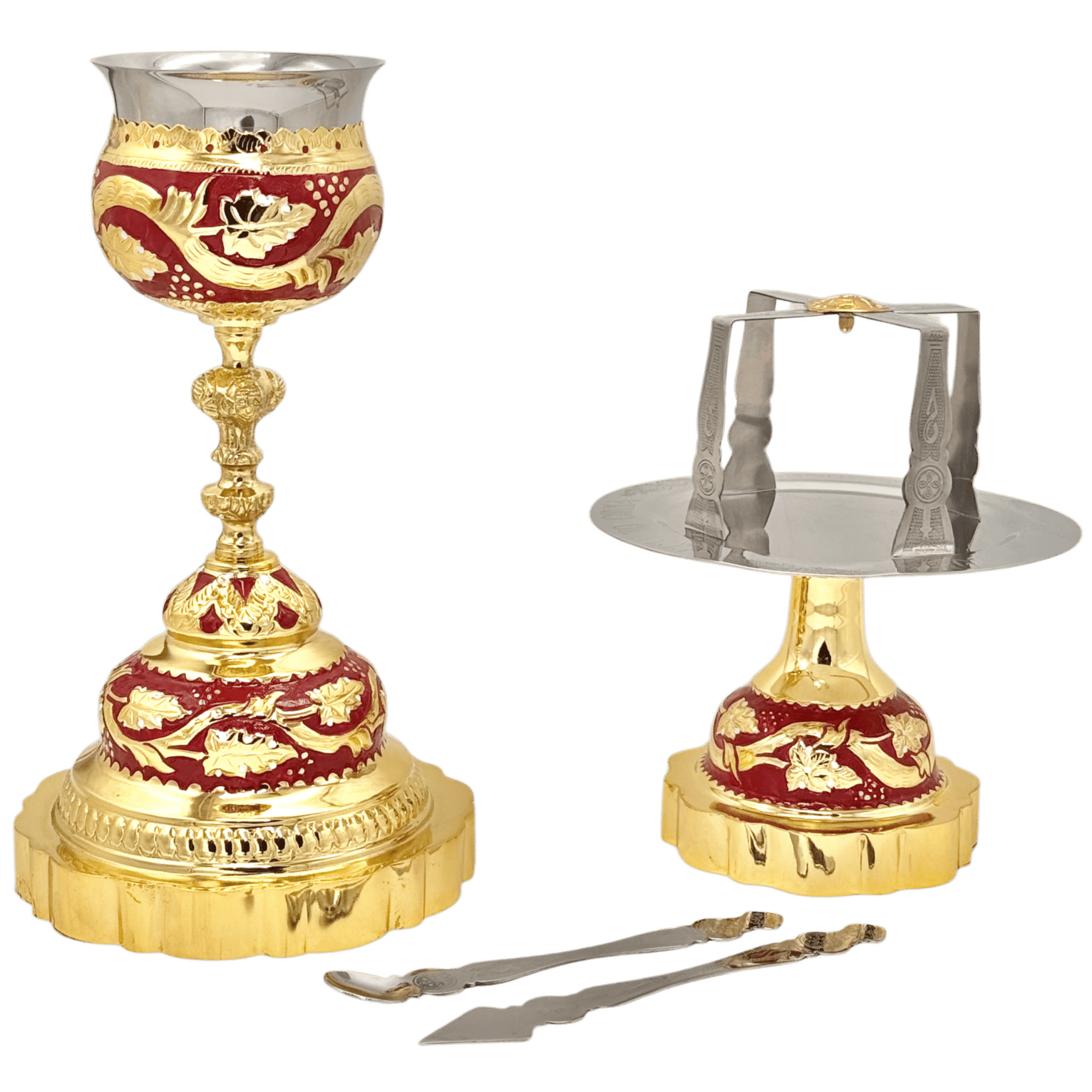 Ornate ecclesiastical chalice and liturgical plate set with gold and red details, traditional church accessories, crafted by Tσατσαρώνης Αντώνιος, ideal for religious ceremonies and sacred services.