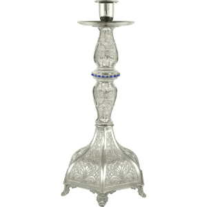 Elegant silver church candle holder with intricate floral engravings, perfect for religious ceremonies and ecclesiastical decor.