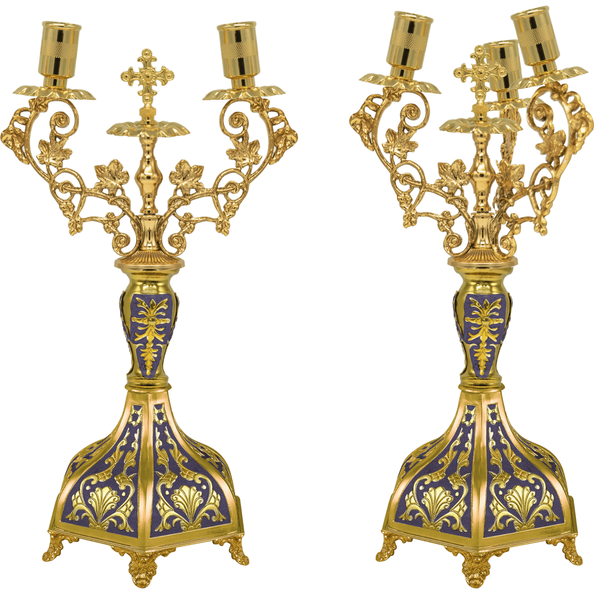 Exarchos church candelabra with gold finish, intricate floral designs, and religious symbols, ideal for church decor and religious ceremonies.