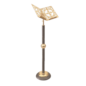 Ornate ecclesiastical lectern with gold accents, used in Greek Orthodox church services for reading scriptures and liturgical texts. Ideal for religious events and church interiors.