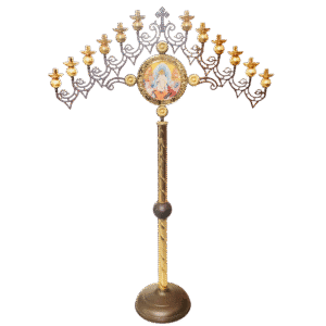 Intricate church candelabrum with multiple gold and silver candle holders, religious icon centerpiece, and ornate design, used in Greek Orthodox religious ceremonies and church decor.