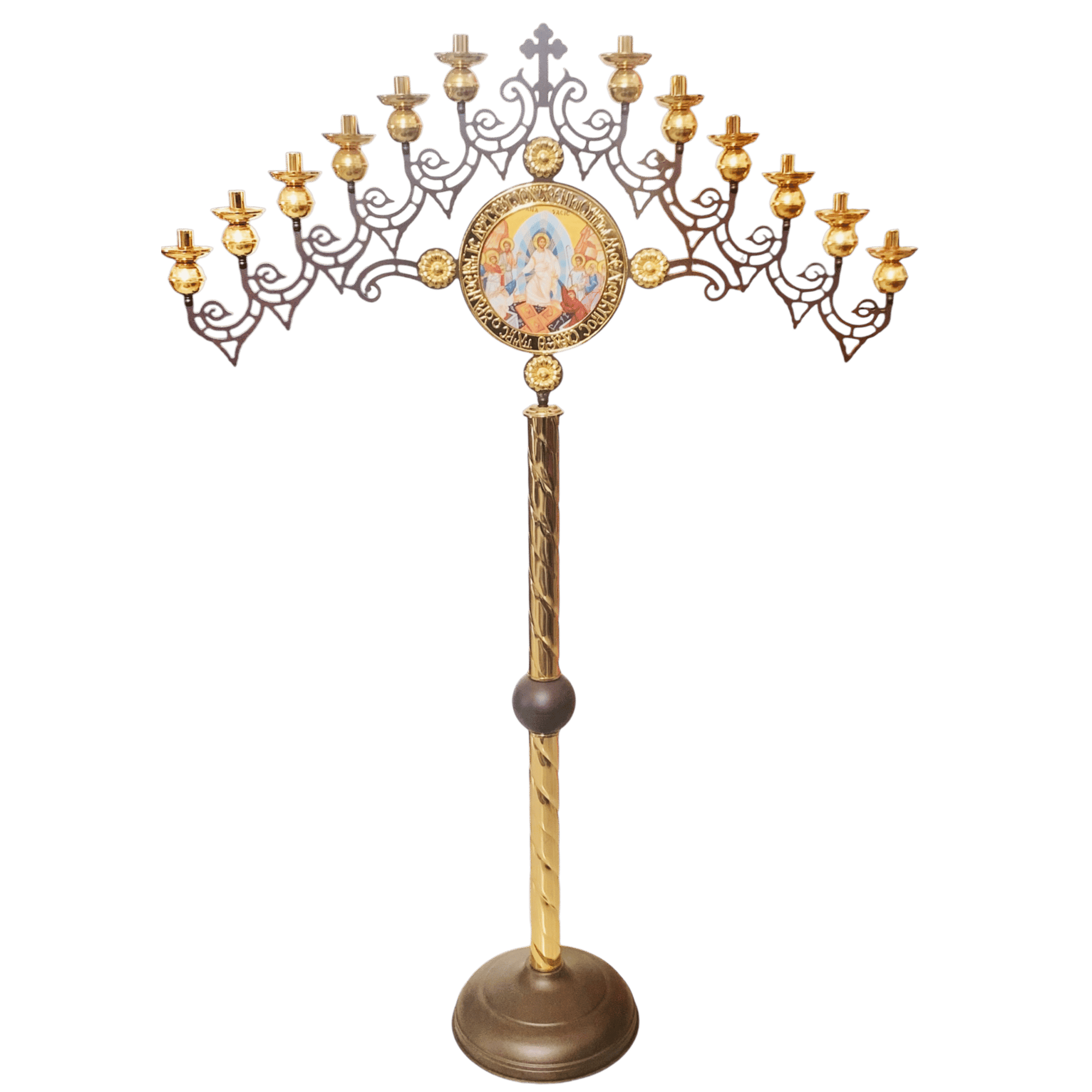 Intricate church candelabrum with multiple gold and silver candle holders, religious icon centerpiece, and ornate design, used in Greek Orthodox religious ceremonies and church decor.