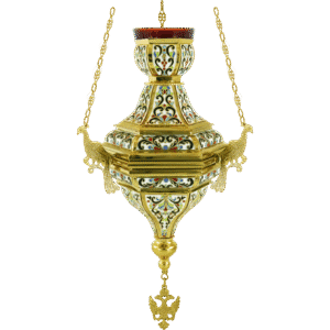 Ornate church lamp with detailed enamel work, gold finish, and hanging chains, used in Orthodox religious ceremonies and church décor.