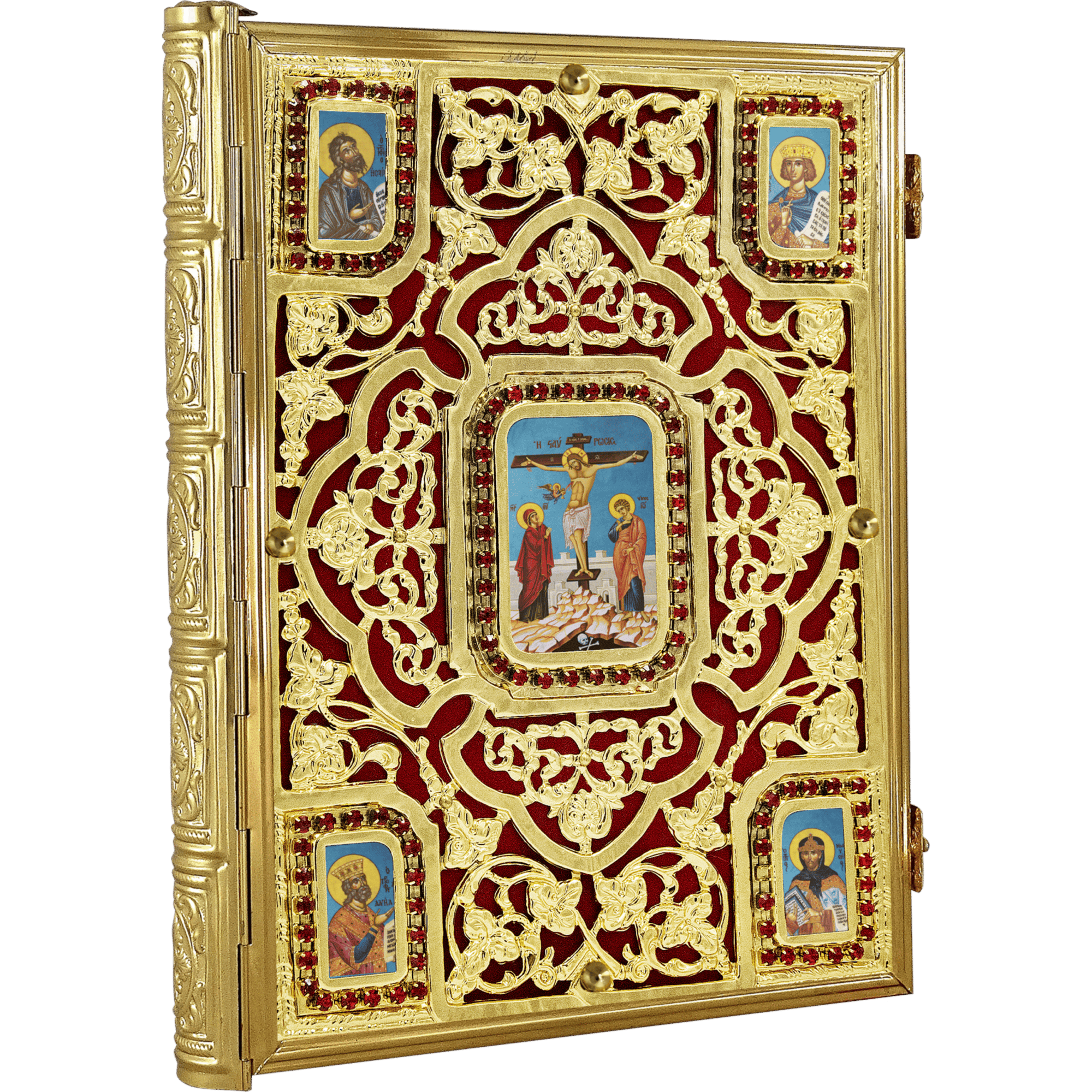 Intricately designed gold Orthodox Christian iconostasis with detailed religious icons, ornate gold foliage, and vibrant red background, used in church worship and religious ceremonies.