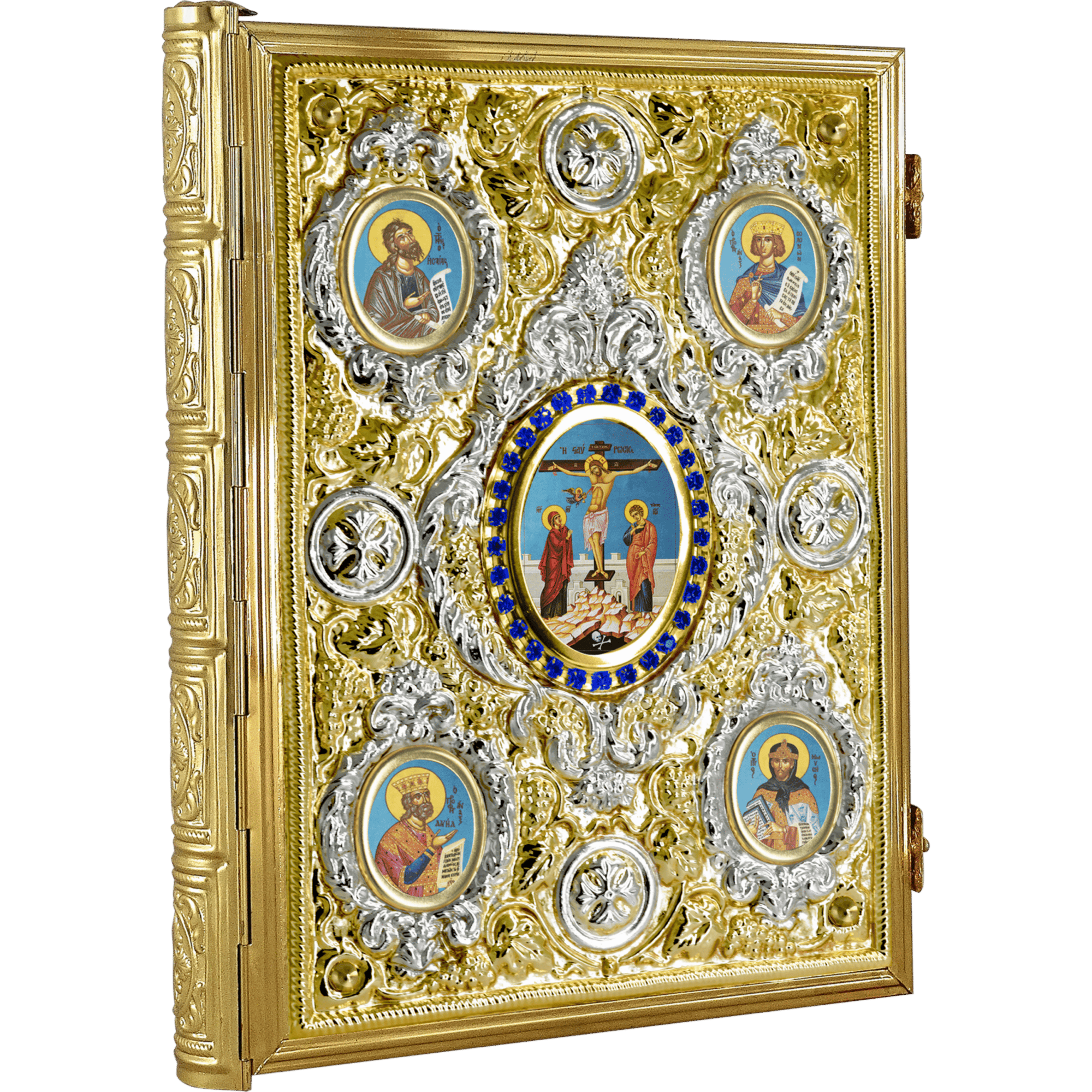 Intricate ecclesiastical iconography and religious artifacts from Tsatsaronis Antonios, featuring gold and silver ornate frames with vivid religious icons, ideal for Orthodox Christian faith and church decorations.