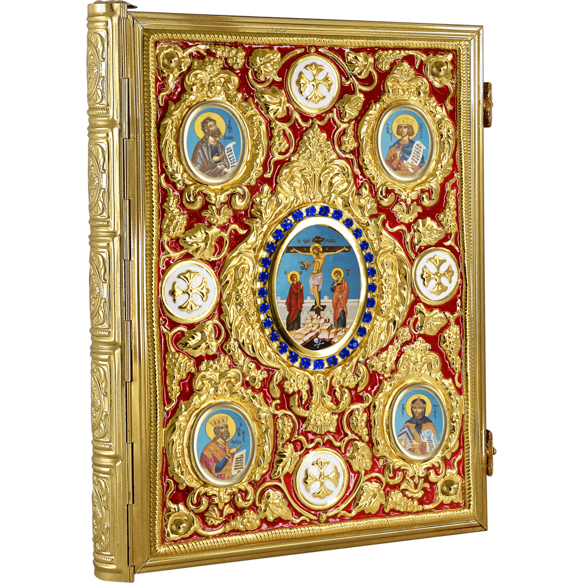 Ornate religious icon with gold accents and vibrant blue background featuring Christ on the cross, surrounded by saints, all set within a richly decorated frame. Perfect for church interior decor and religious celebrations.