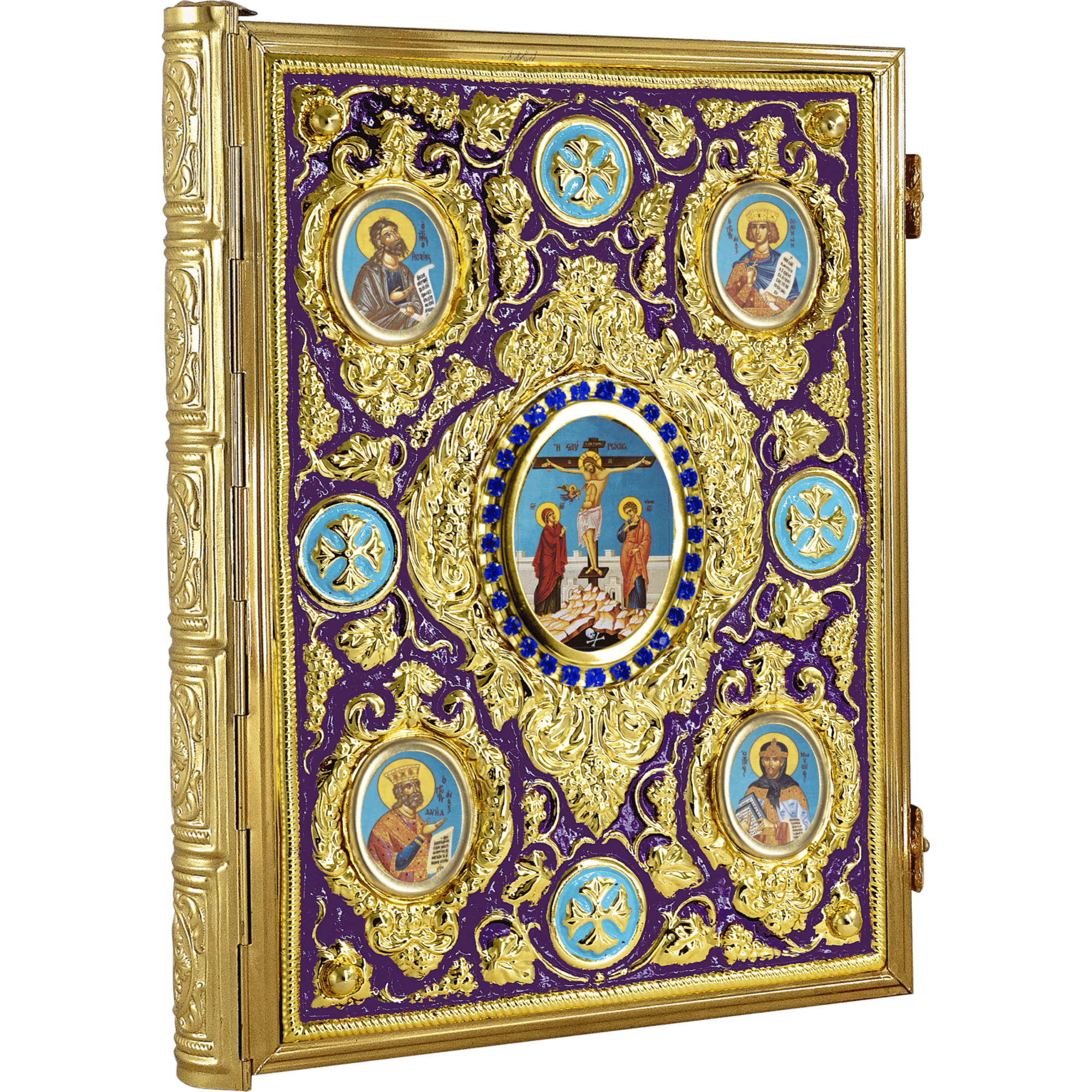 Intricate religious iconography on a gold and purple Orthodox Christian icon frame, featuring images of saints and central Jesus Christ crucifixion scene, with detailed craftsmanship and ecclesiastical significance.