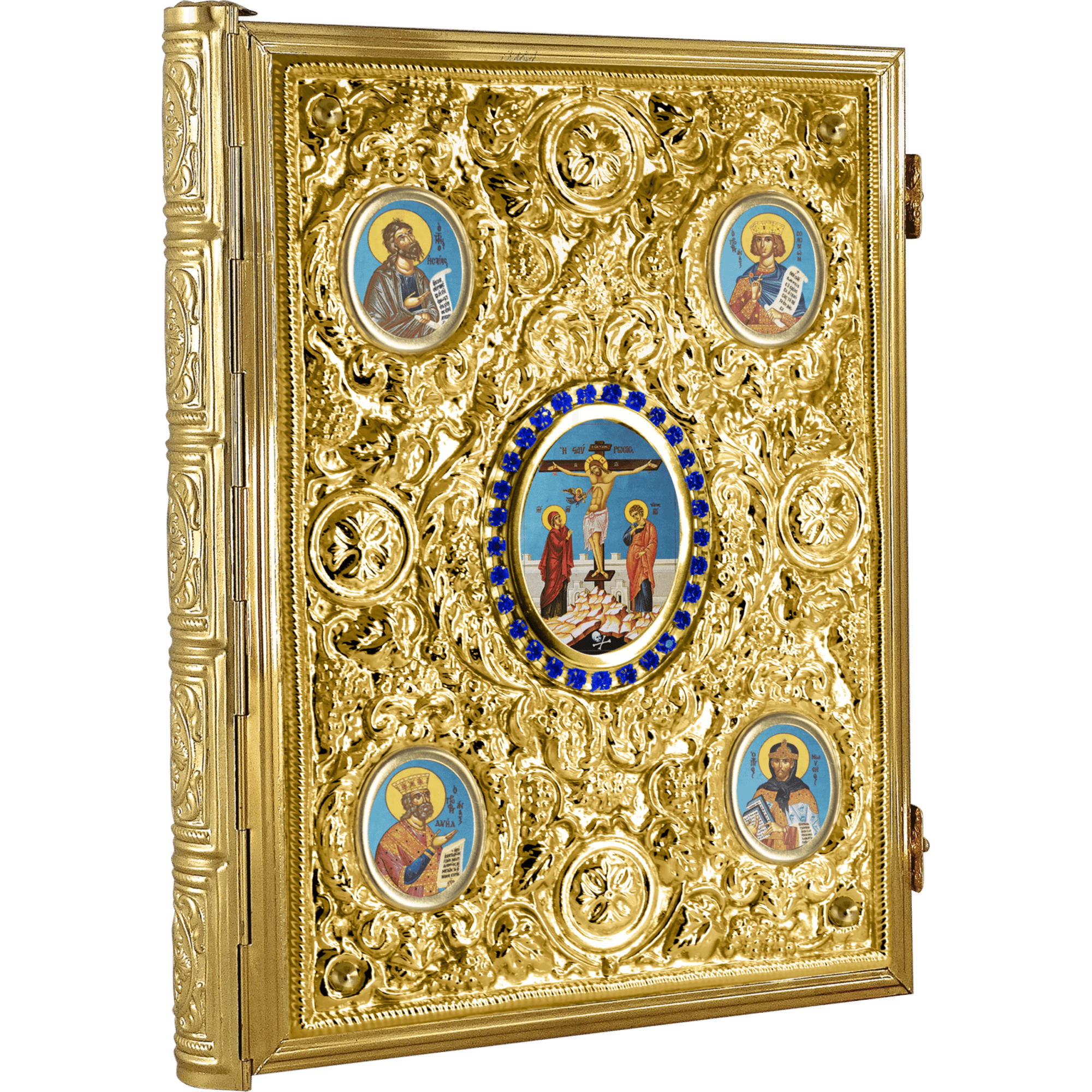 Ornate religious iconography frame with colorful Orthodox Christian icons and central crucifix scene, ideal for church or religious display.