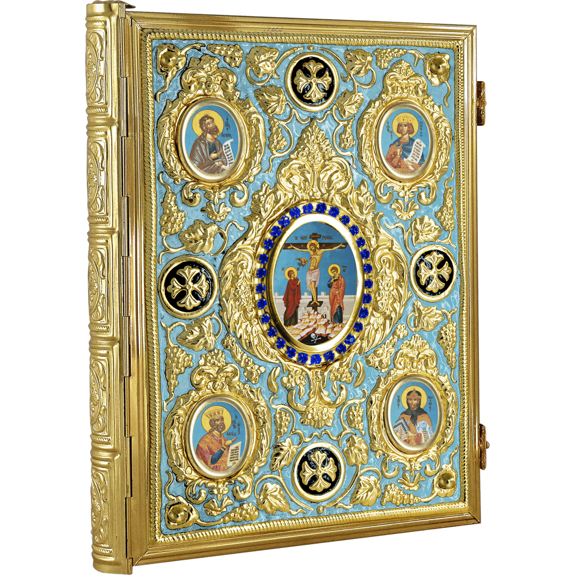 Intricate religious iconography in a gold and blue Orthodox Christian icon with multiple saints and central crucifix scene, ideal for church décor and religious traditions.