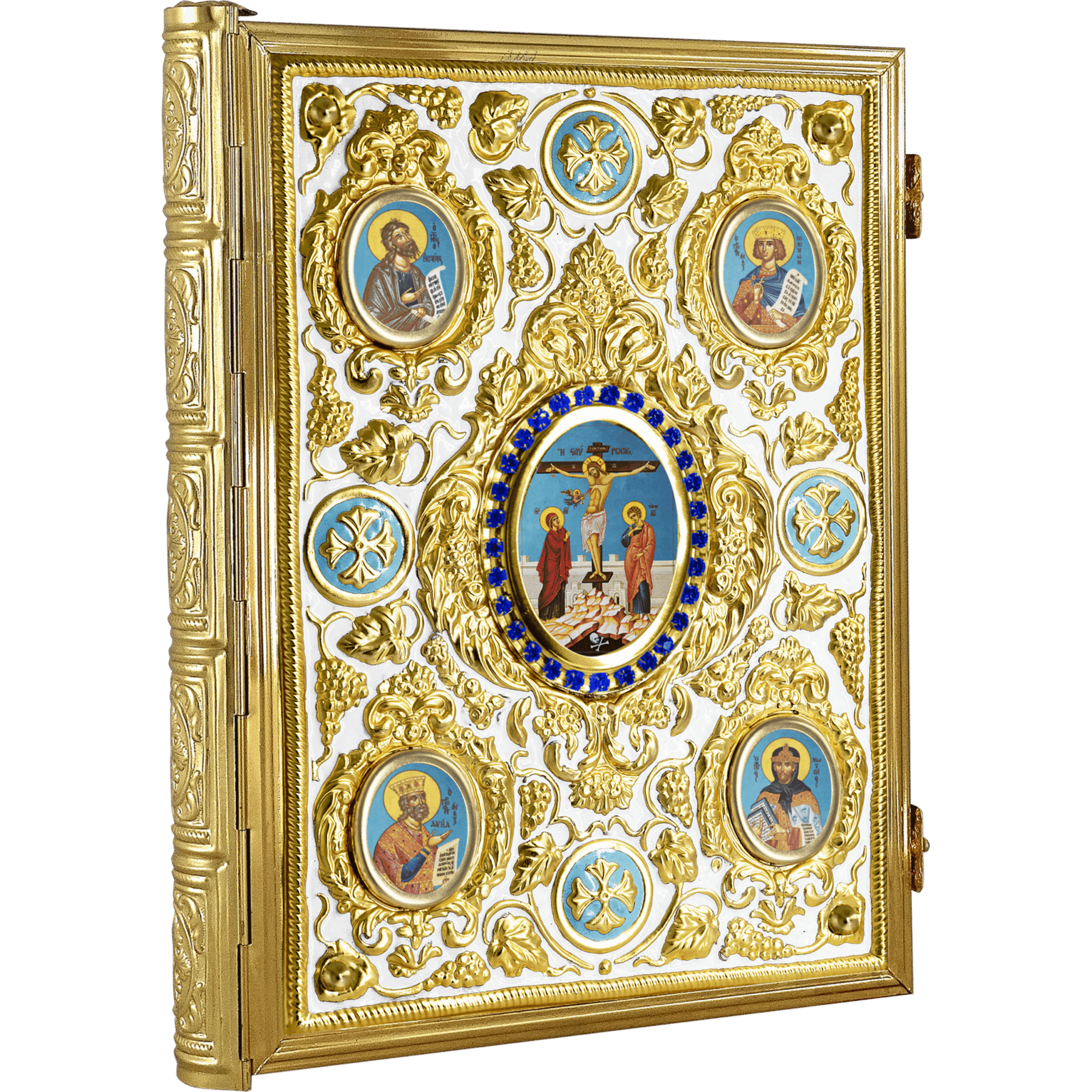 Intricately designed Orthodox Christian religious icon with gold accents, depicting saints and the crucifixion scene, ideal for church decoration and religious ceremonies.