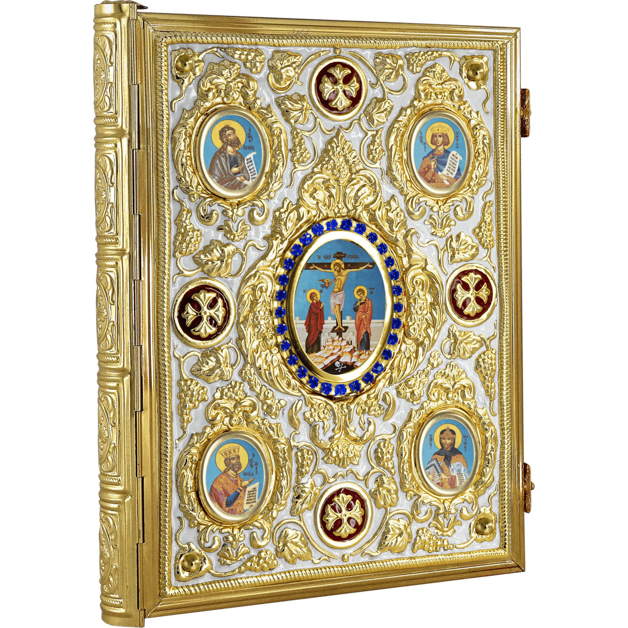 Intricate religious iconography framed in ornate gold, showcasing Christian saints and scenes, used for Orthodox church worship and religious ceremonies.