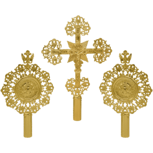 Ornate gold ecclesiastical church relics and crosses, traditional religious items for Orthodox Christian ceremonies and church decoration.
