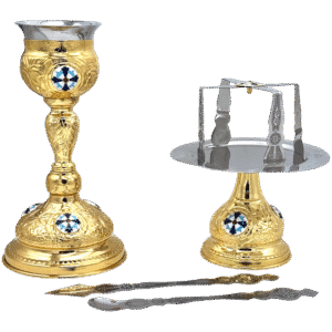 Golden Orthodox church chalice and liturgical tray set with intricate religious design and iconography, ideal for church services and sacred rituals.