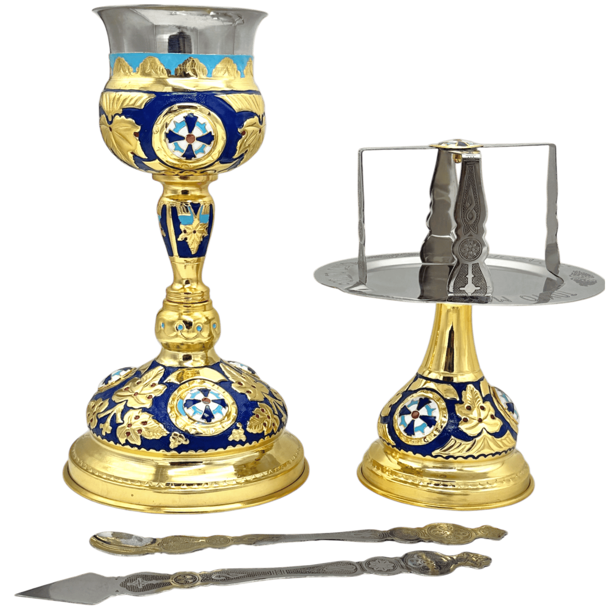 Ornate church candle and chalice set with gold and blue detailing for religious ceremonies, including ceremonial spoons and a metal tray, offered by Εκκλησιαστικά Είδη Τσατσαρώνης Αντώνιος.