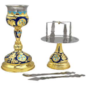 Golden and blue ecclesiastical chalice and ciborium set with ornate silver spoon, traditional church ceremonial items, perfect for Orthodox religious services and church rituals.