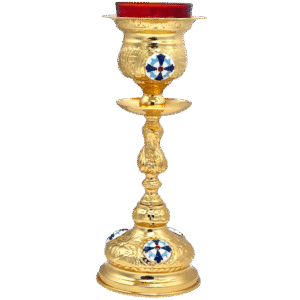 Ornate gold plated church candle holder with religious symbols, perfect for Orthodox ceremonies and religious events.