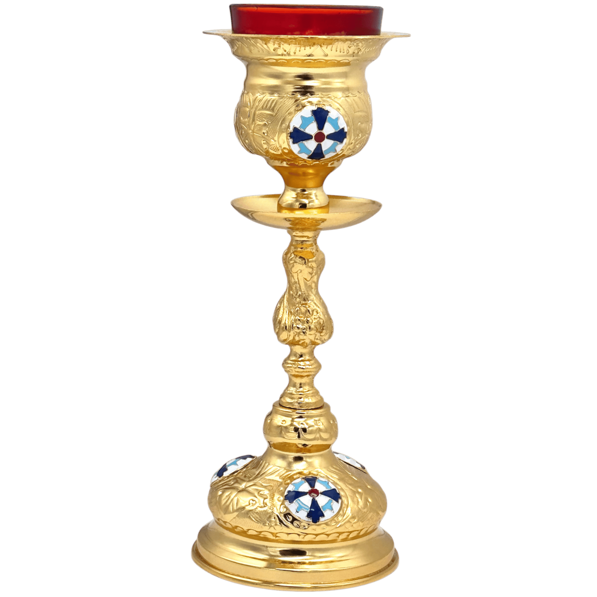 Ornate gold plated church candle holder with religious symbols, perfect for Orthodox ceremonies and religious events.