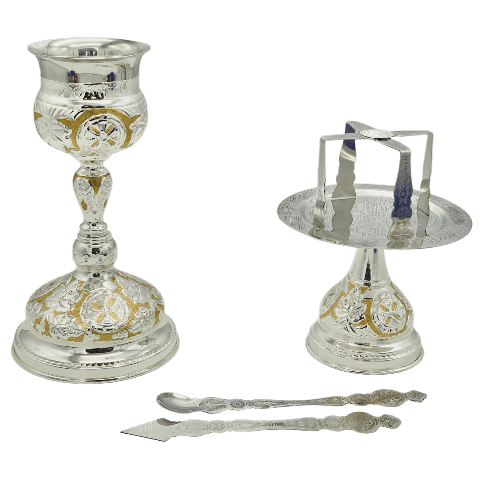 Elegant silver church liturgical items including a chalice, censer, and spoon, used for Orthodox religious services and sacred ceremonies. Perfect for ecclesiastical rituals and church decorations.