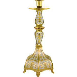 Exquisite gold and silver Orthodox candle holder, crafted for religious ceremonies, featuring intricate ecclesiastical design and ornamentation.
