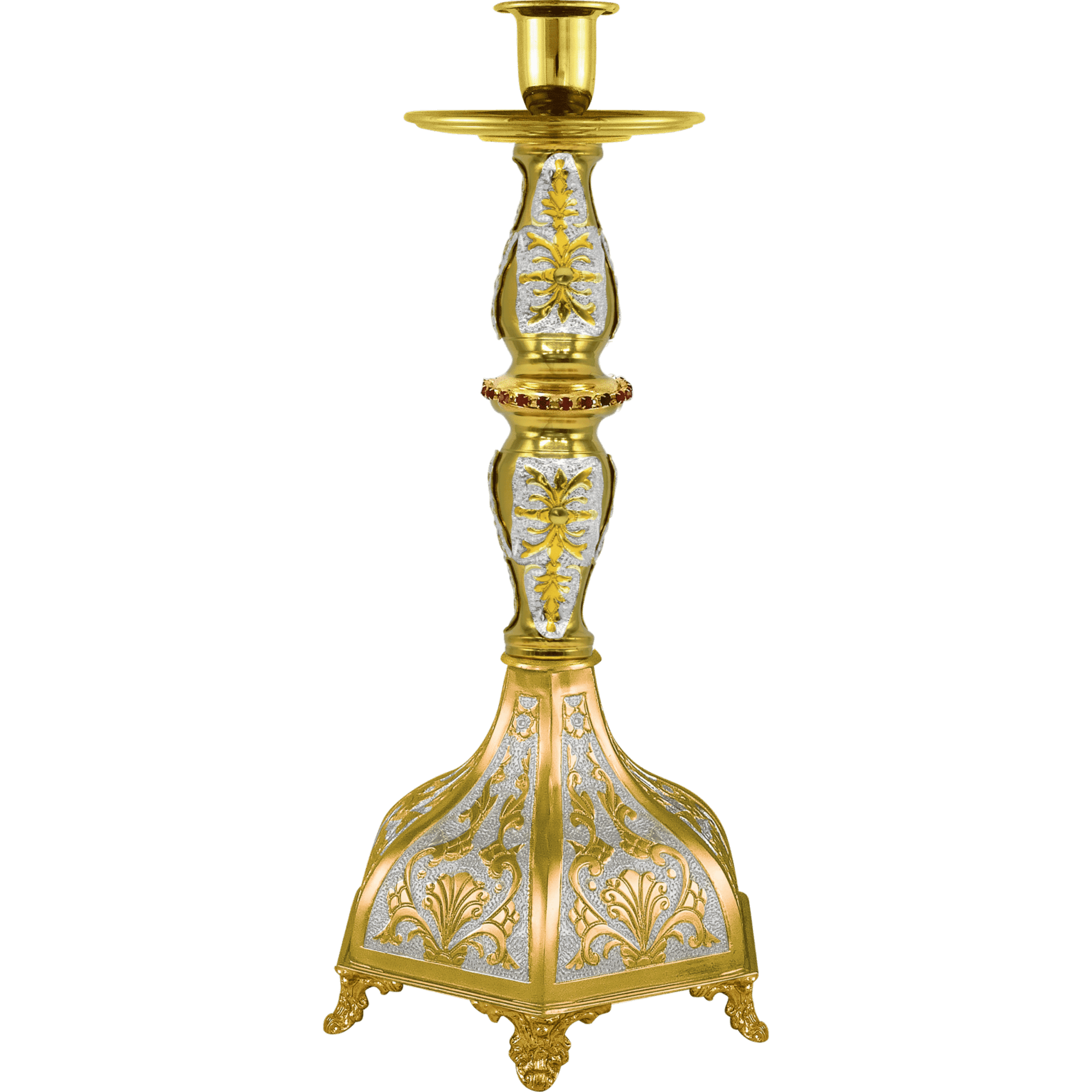 Exquisite gold and silver Orthodox candle holder, crafted for religious ceremonies, featuring intricate ecclesiastical design and ornamentation.