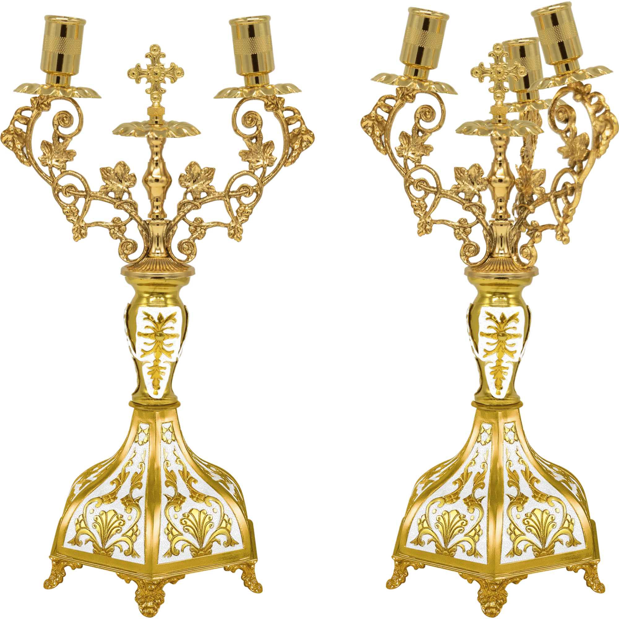 Ornate gold ecclesiastical candle holder with intricate religious designs, ideal for church ceremonies and spiritual gatherings.