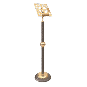 Elegant ecclesiastical stand with ornate golden and silver details, used for church ceremonies and religious processions, crafted by Tsa tsaronis Antonios, specializing in church supplies.