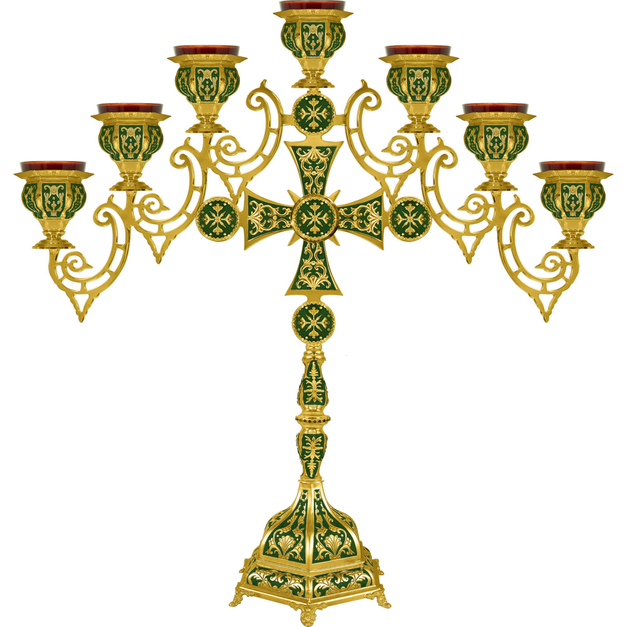 Ornate ecclesiastical candelabrum for church ceremonies with gold and green accents, Orthodox church candle holder, religious liturgical accessory, traditional church decoration, church ornament altar decoration.