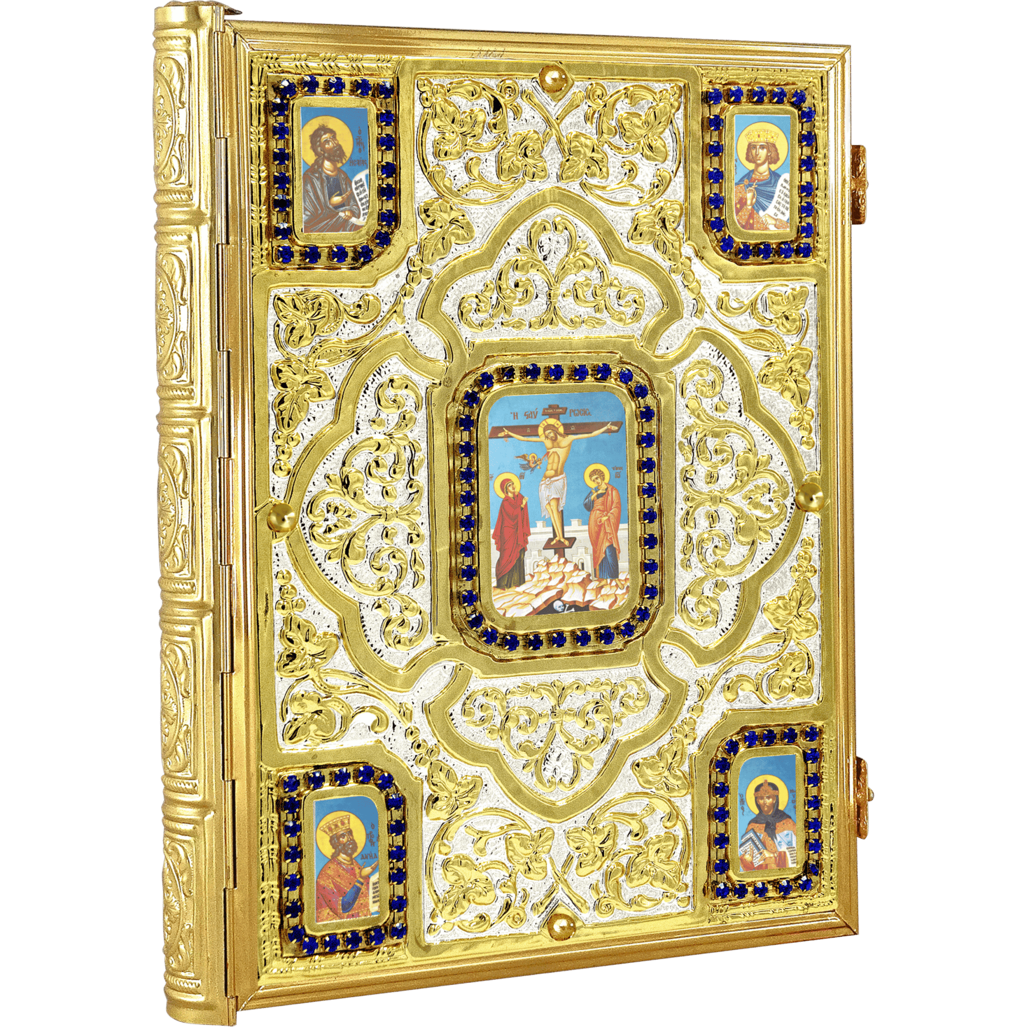 Ornate gold ecclesiastical iconography book cover with religious images, detailed gold filigree, and blue gemstone accents, ideal for Orthodox Christian liturgical use.