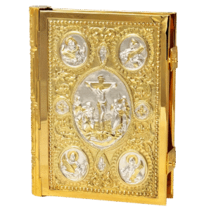 Ornate gold and silver religious iconography depicting the crucifixion and saints, crafted with detailed embossed metalwork, ideal for church accessories and sacred rituals.
