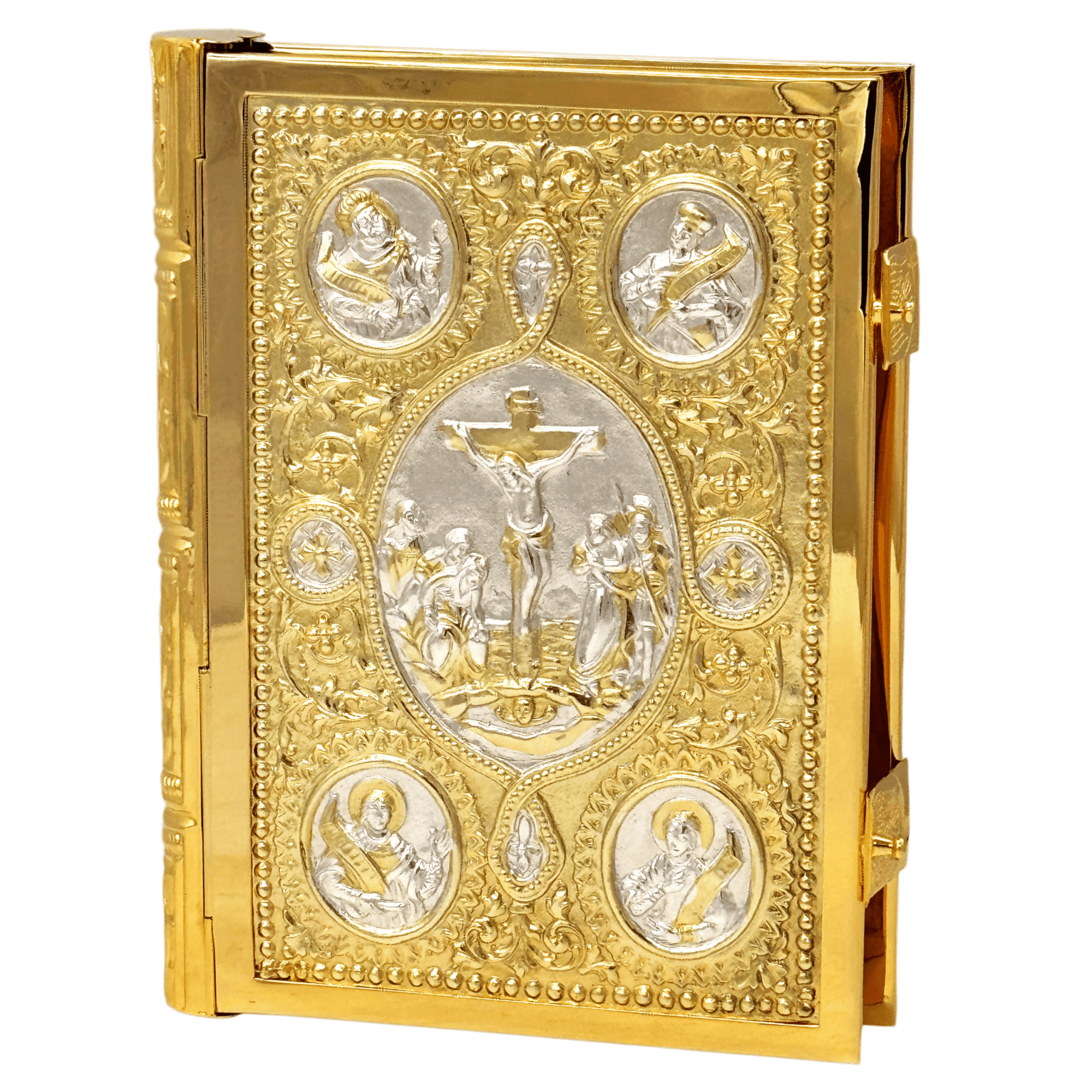 Ornate gold and silver religious iconography depicting the crucifixion and saints, crafted with detailed embossed metalwork, ideal for church accessories and sacred rituals.