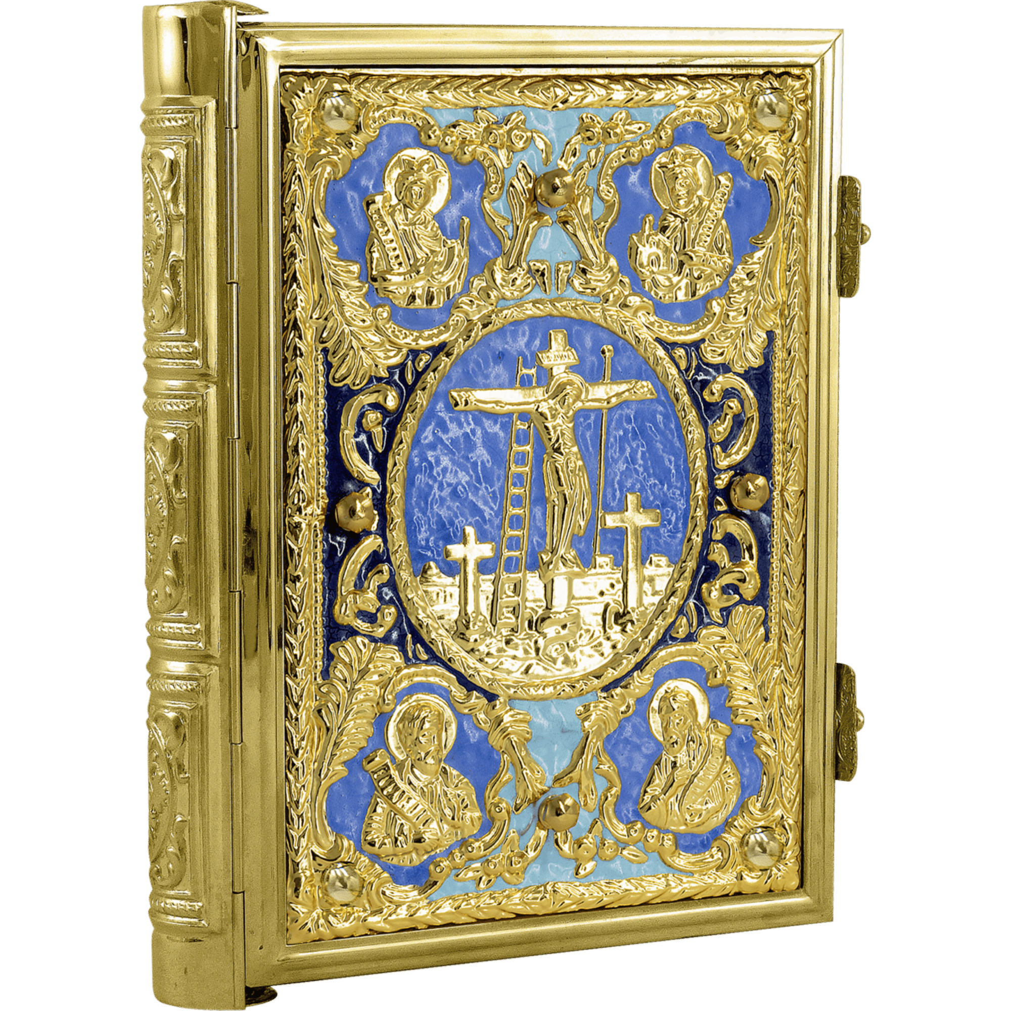 Intricate gold-embossed Orthodox Christian religious icon with blue accents, featuring Christ on the cross and saints, ideal for church liturgical use and religious ceremonies.