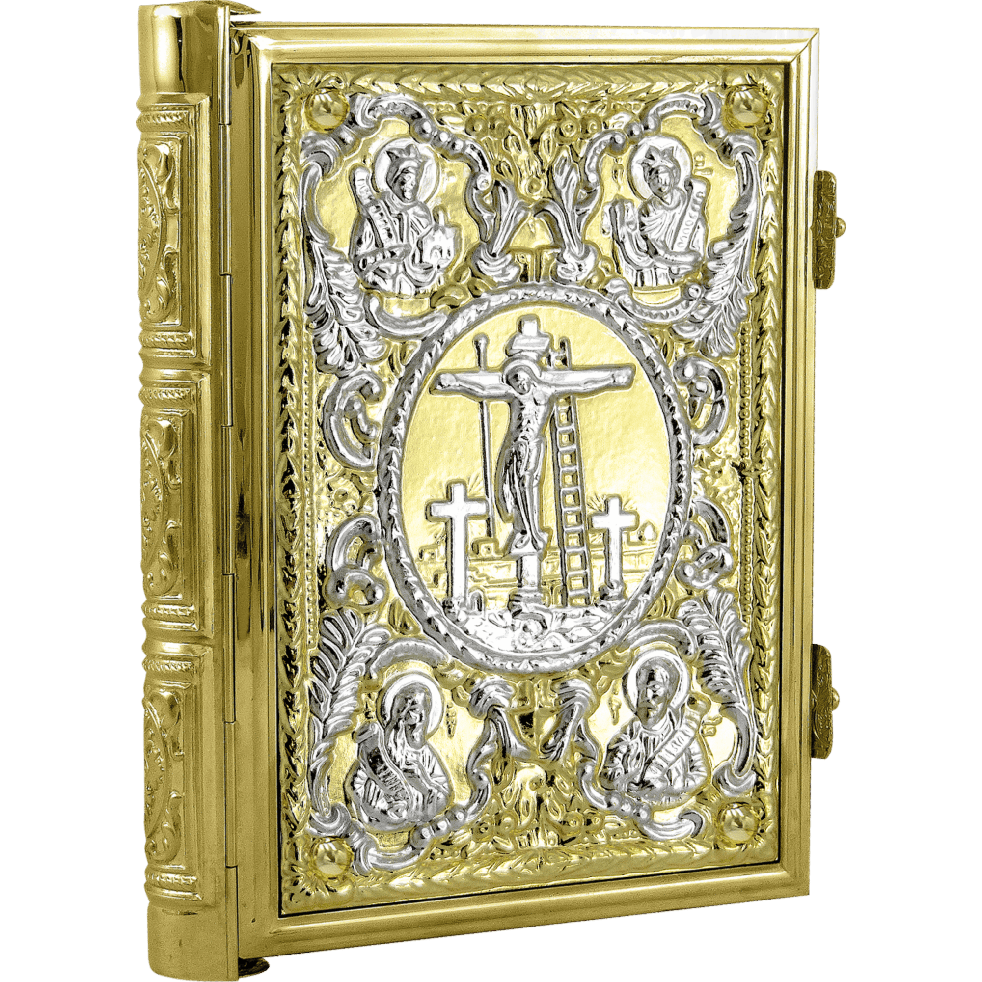 Intricate silver and gold religious icon showcasing Christ on the cross, surrounded by saints and religious symbols, used for church liturgy and devotion.