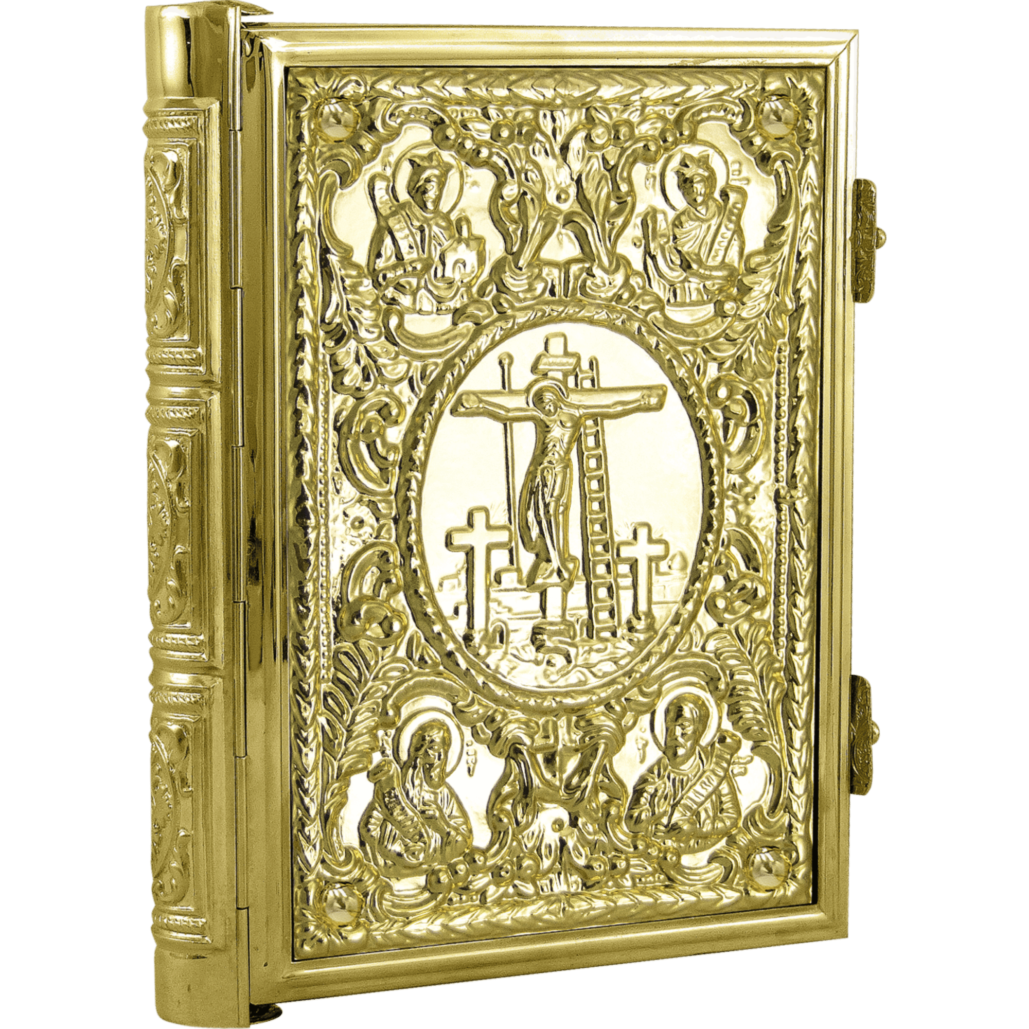 Intricately carved gold Orthodox icon depicting Jesus Christ on the cross, surrounded by saints and religious symbols, traditional ecclesiastical religious items, and church art, crafted by Tsa tsaronis Antoniou.