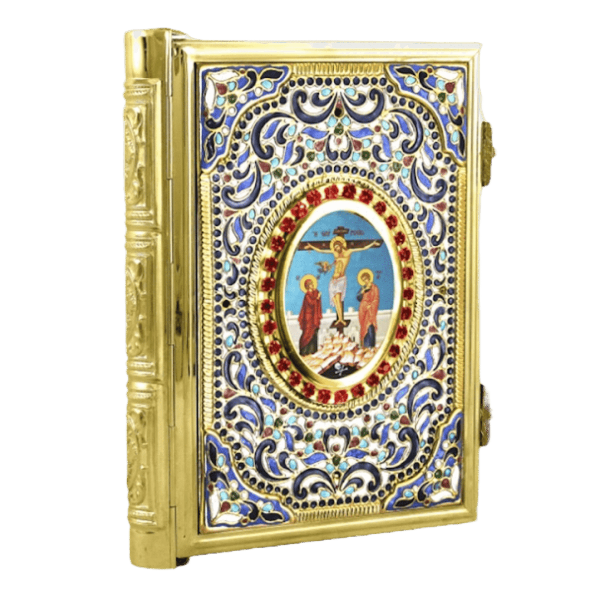 Ornate gilded Orthodox icon with detailed enamel work and religious imagery, perfect for church decoration and religious ceremonies.