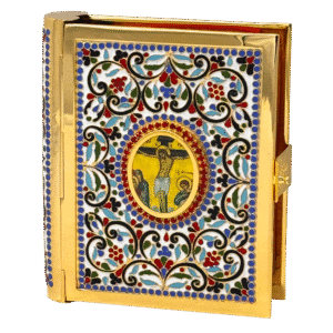 Ornate religious iconography on a decorative ecclesiastical jewelry box from Atsatsaronis Antonios, featuring vibrant mosaic-style patterns and a detailed depiction of the crucifixion scene.