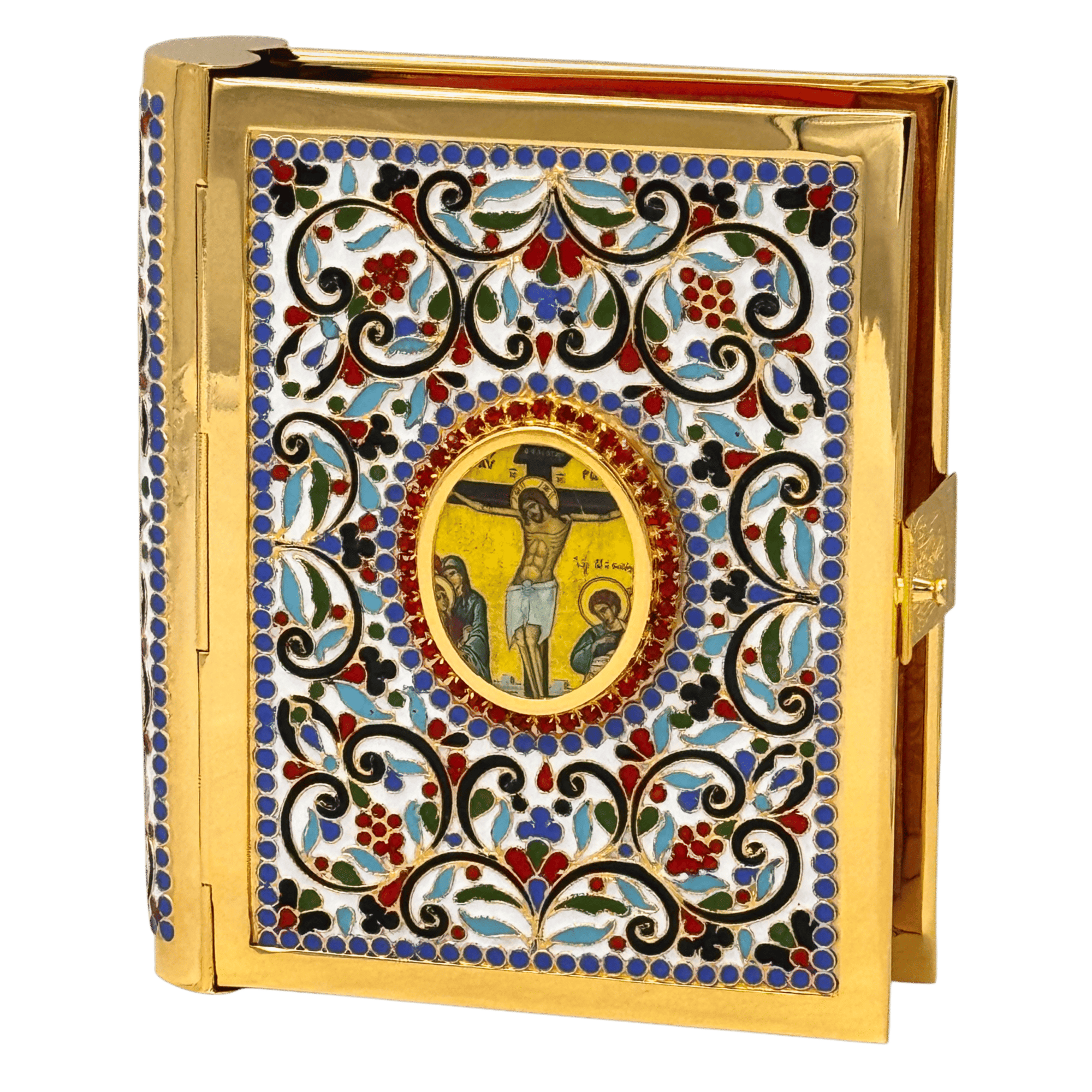 Ornate religious iconography on a decorative ecclesiastical jewelry box from Atsatsaronis Antonios, featuring vibrant mosaic-style patterns and a detailed depiction of the crucifixion scene.