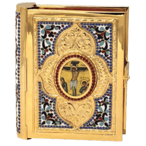Ornate religious icon with gold embellishments, featuring a miniature painting of Jesus crucifixion surrounded by intricate decorative elements and colorful enamel details.