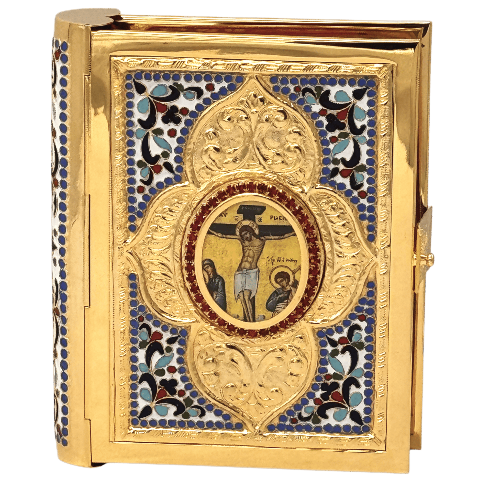 Ornate religious icon with gold embellishments, featuring a miniature painting of Jesus crucifixion surrounded by intricate decorative elements and colorful enamel details.