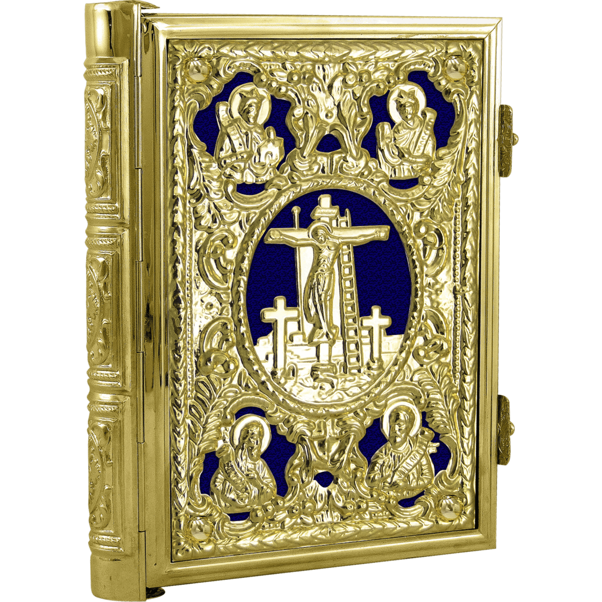 Intricate gold-embossed Orthodox Christian icon with religious figures, crucifix, and decorative floral elements, showcasing traditional ecclesiastical religious items from Tsa tsaroni Antonios.