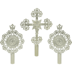 Ornate silver ecclesiastical accessories from Tsa tsaronis Antonios, traditional religious church items for Orthodox Christian ceremonies and celebrations, handcrafted with intricate designs.