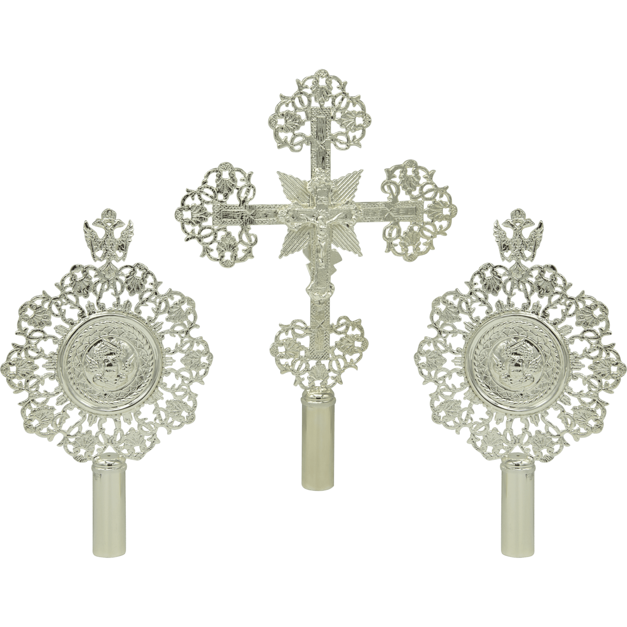Ornate silver ecclesiastical accessories from Tsa tsaronis Antonios, traditional religious church items for Orthodox Christian ceremonies and celebrations, handcrafted with intricate designs.