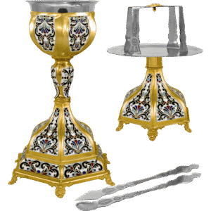 Gold and silver church liturgical vessel set with ornate engraving and religious symbols, used for church services and sacred rites. Features intricate designs, stands on decorative bases, includes tongs.