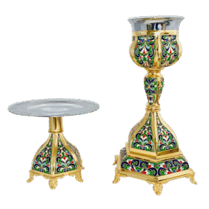 Colorful liturgical candle holder and altar tray with intricate religious design, crafted with gold and enamel accents, ideal for church ceremonies and ecclesiastical use.