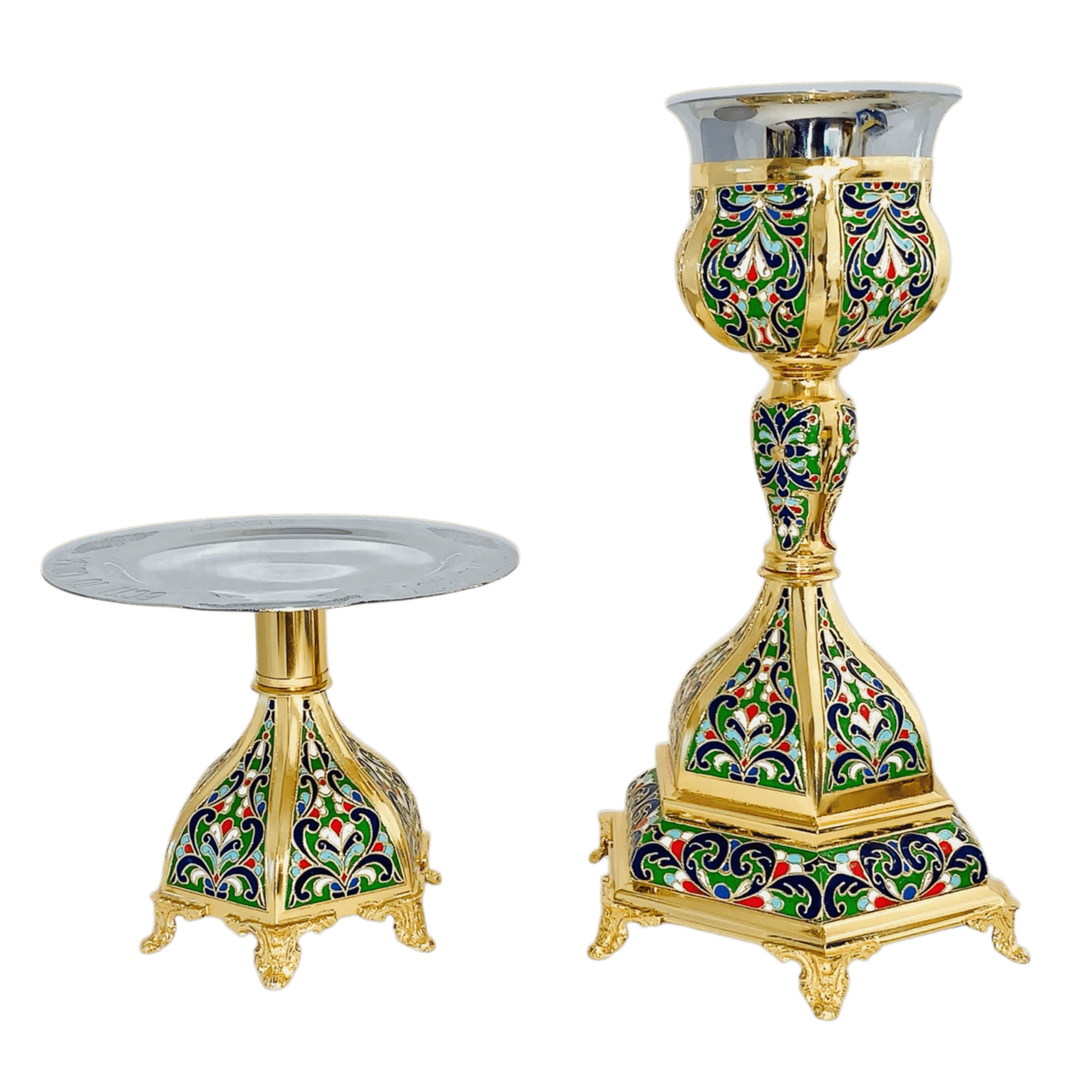 Colorful liturgical candle holder and altar tray with intricate religious design, crafted with gold and enamel accents, ideal for church ceremonies and ecclesiastical use.
