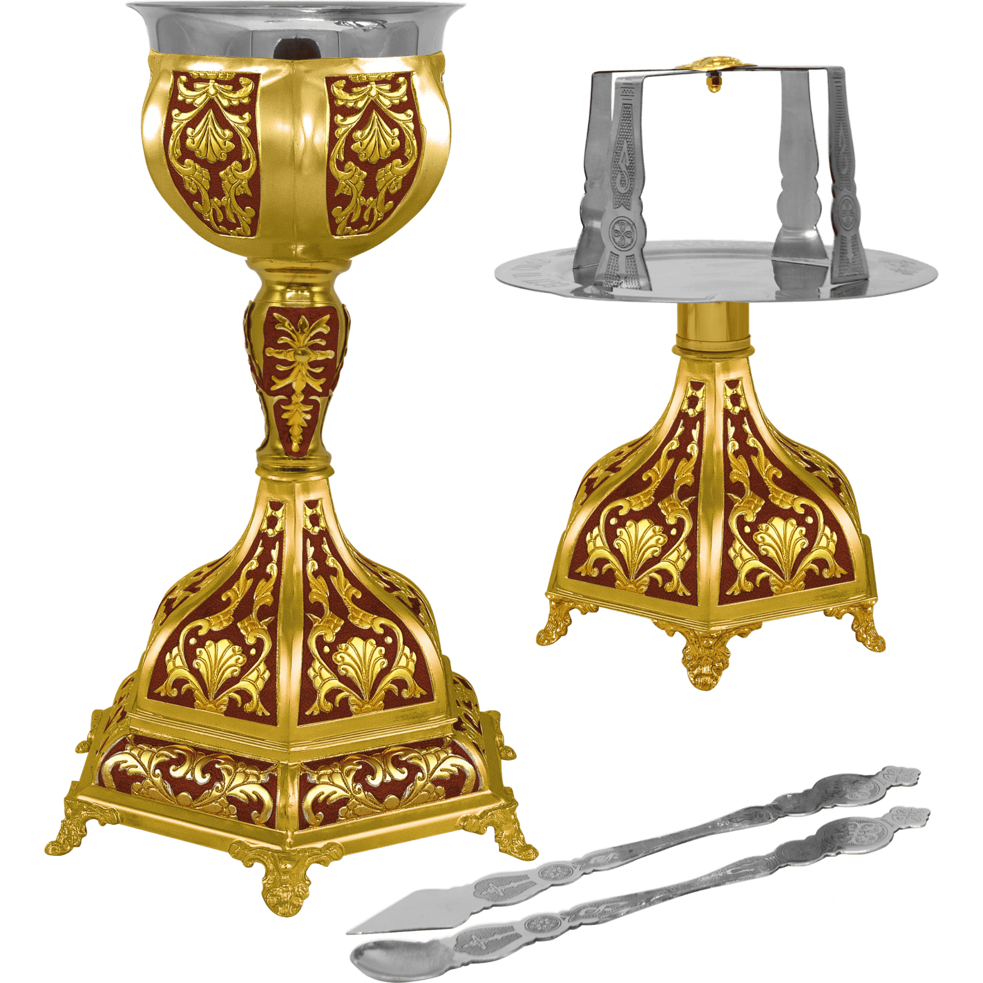 Ornate church ciborium and altar candles with religious fixtures, crafted for liturgical ceremonies and ecclesiastical use.