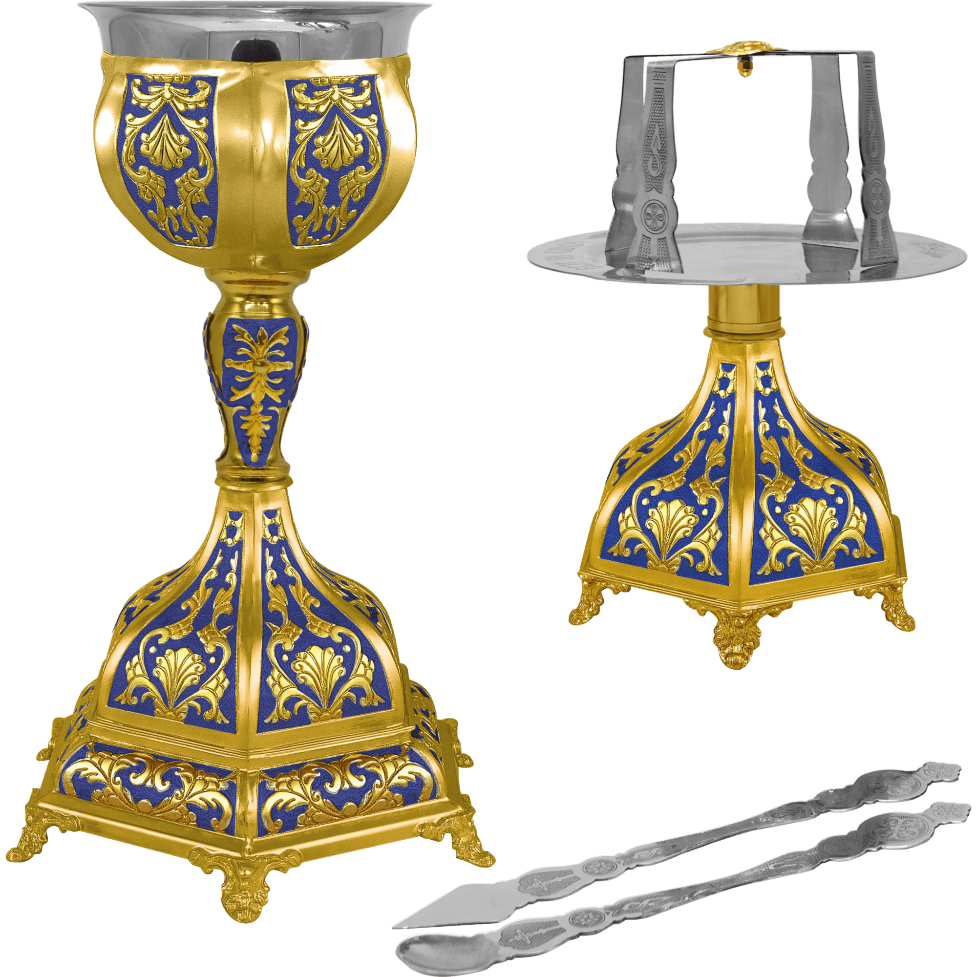 Ornate church chalice and censer set with gold and blue religious decor, ideal for Orthodox Christian liturgical use.