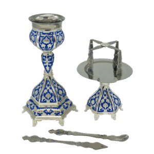 Ornate silver and blue ecclesiastical candle holder and cake stand set, traditional religious church items for Orthodox ceremonies, handcrafted religious accessories, Atsatsaronis Antoniou.