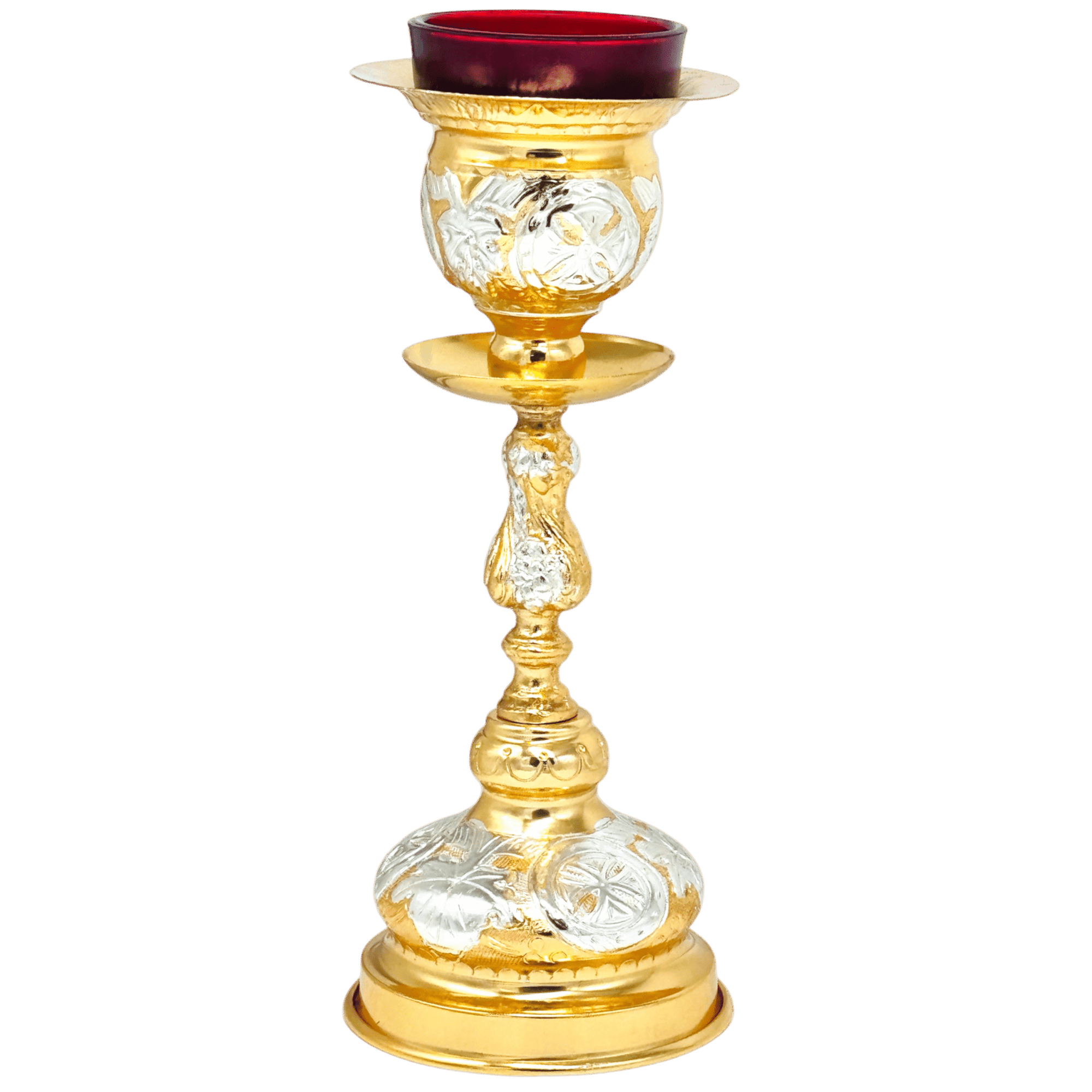Intricately designed gold and silver ecclesiastical candle holder with a glass candle cup, perfect for church ceremonies and religious rituals.