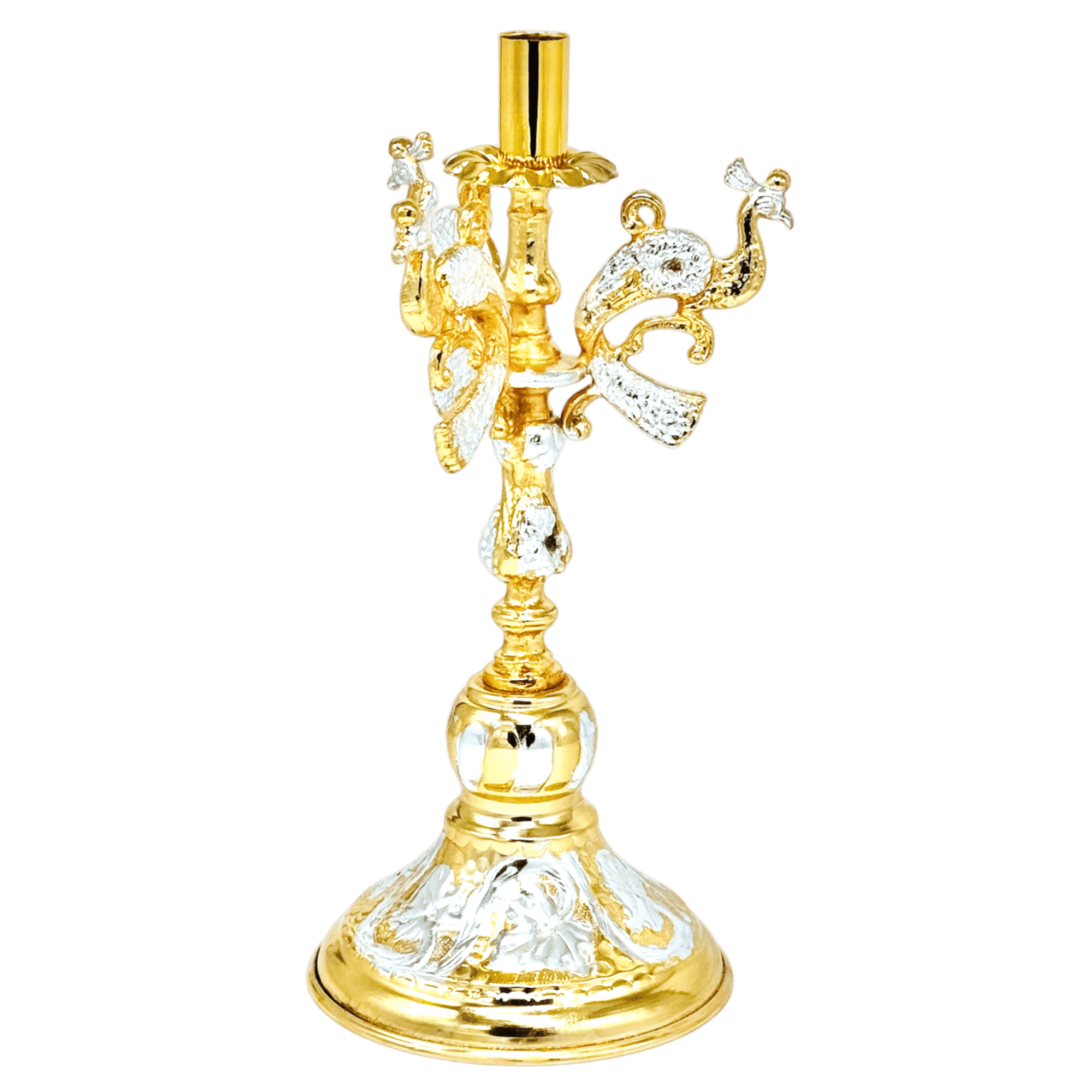 Intricate gold and silver ecclesiastical candle holder with ornate religious animal motifs, used in church ceremonies and religious rituals.