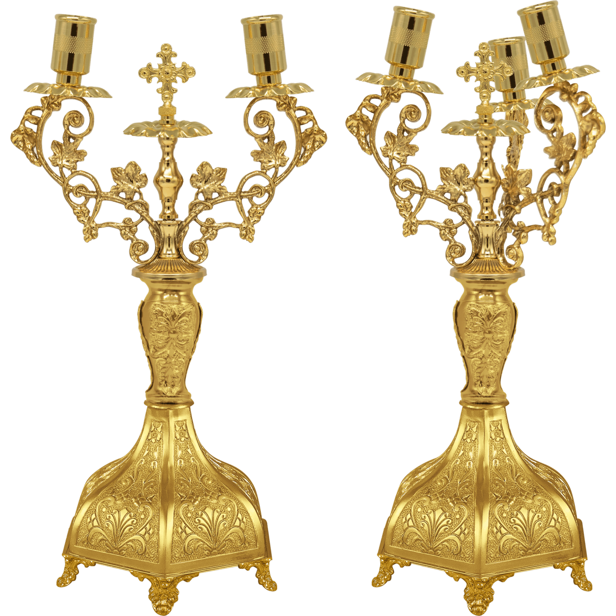 Ornate gold ecclesiastical candelabras for church services and religious ceremonies.